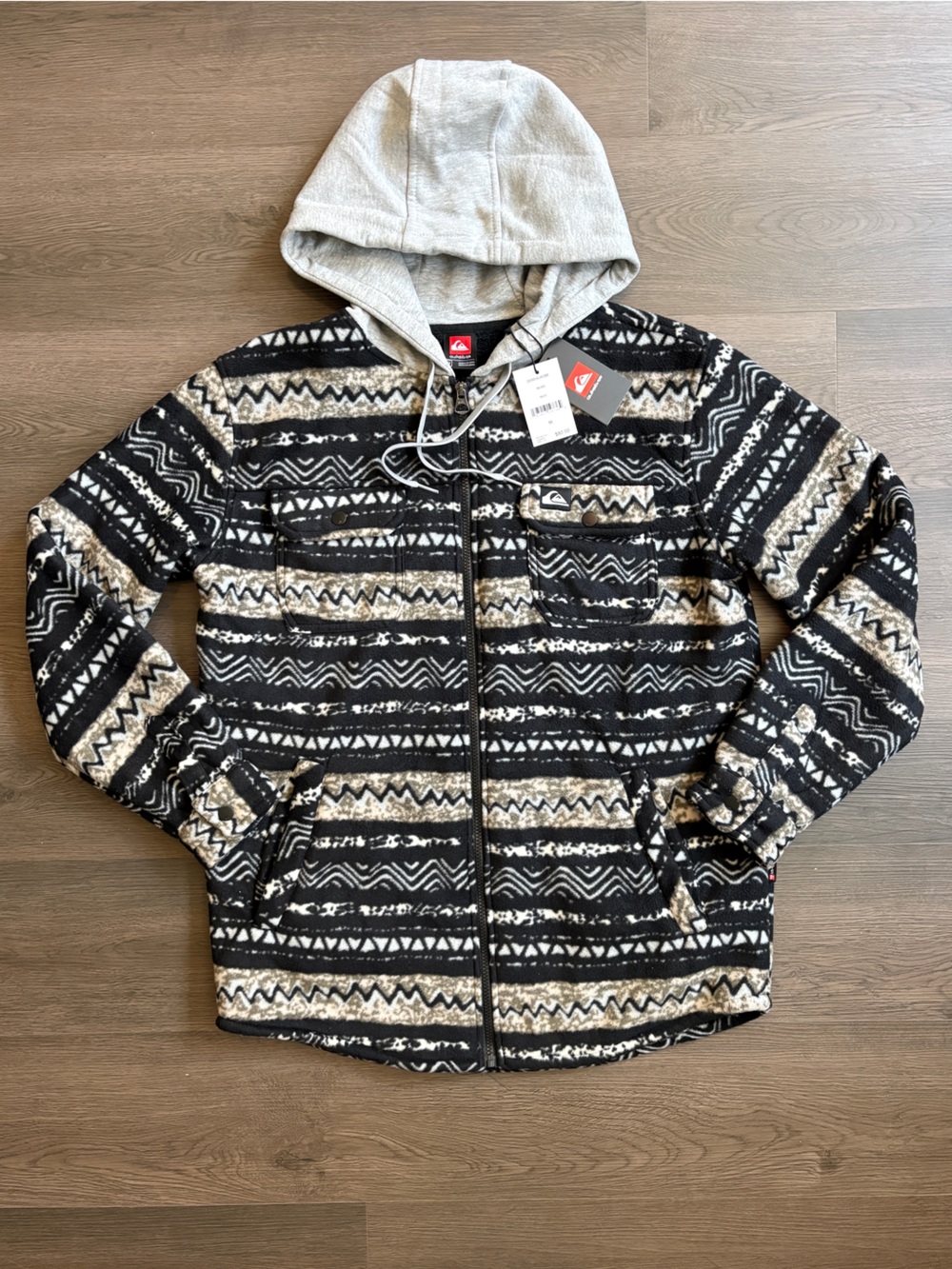Quiksilver Black, Cream & Gray Aztec Fleece Zip Hoodie